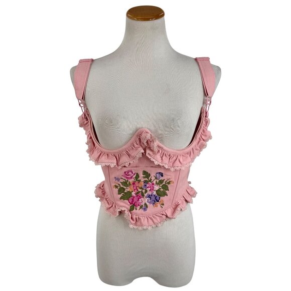 Sugar Thrillz Pink Embroidered Floral Under Bust Crop Top • Coquette Soft Goth L - Picture 2 of 14